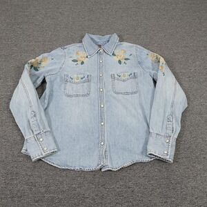 Stetson Shirt Womens Medium Blue Denim Floral Embroidered Western Pearl Snap